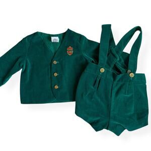 Vintage Baby Suspender Short Set Green Velour 6-9m